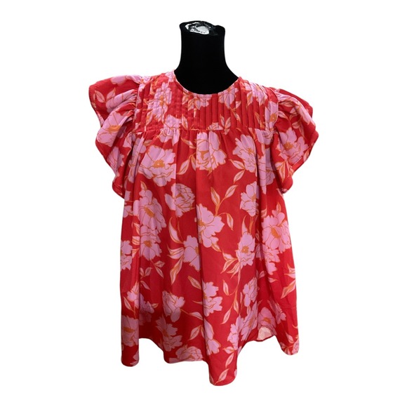 Shop The Mint Tops - Shop The Mint Floral Babydoll Blouse Red Pink Flutter Sleeve Pleated Top Large